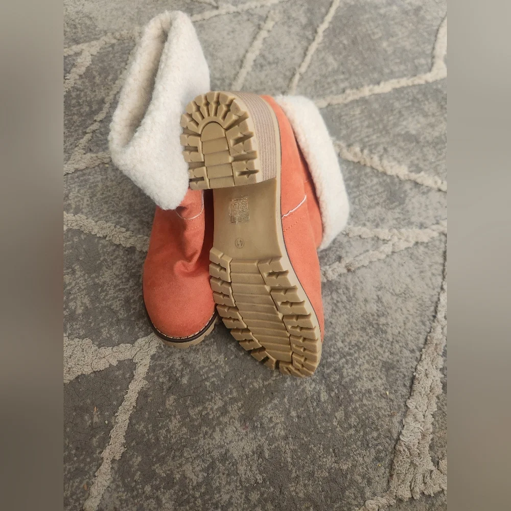 Cozy Orange Suede Ankle Boots with Fuzzy Faux Fur Lining With A Block Heel